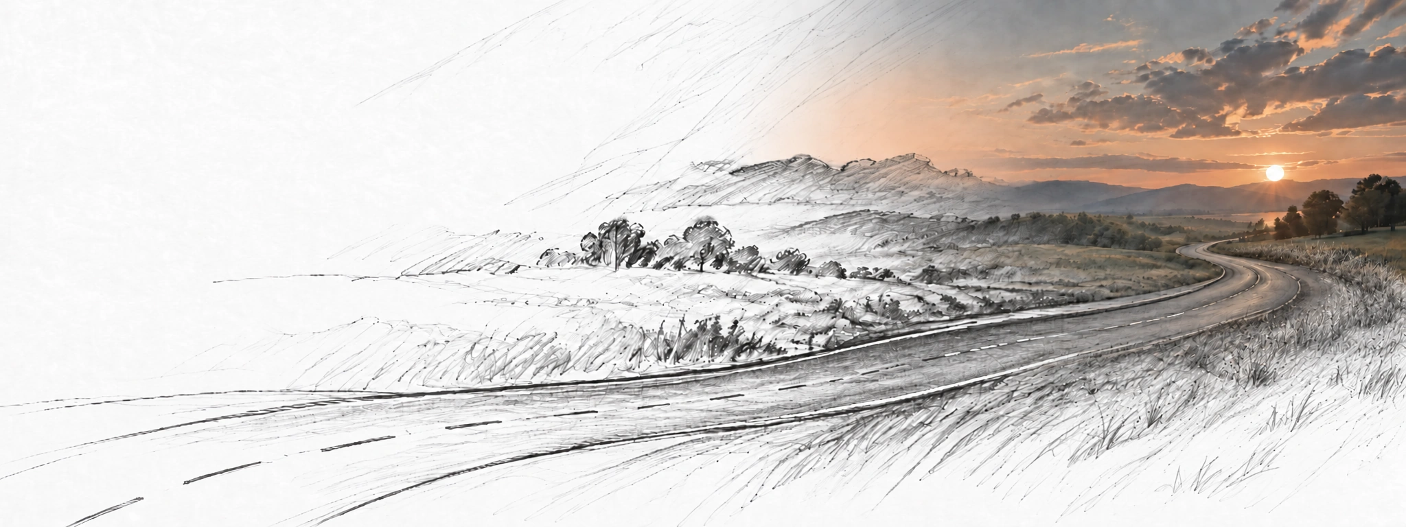 A pencil-drawn road gradually becoming a sunset landscape